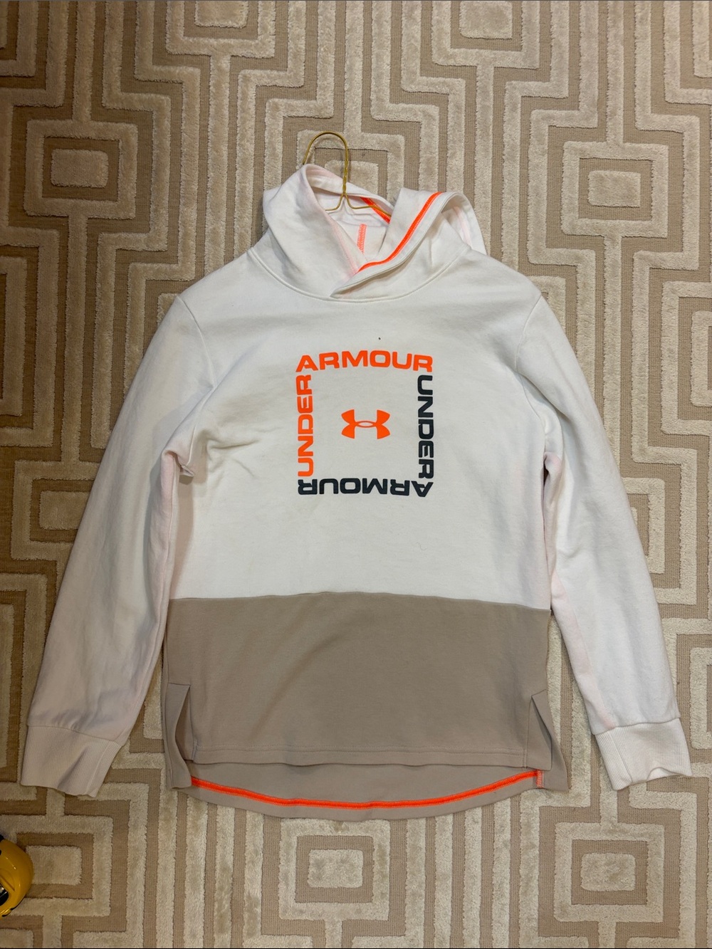 Under Armour White Hoodie with Tan Block and Neon Orange Logo